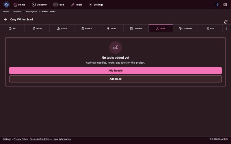 Project tools tab showing linked needles and hooks