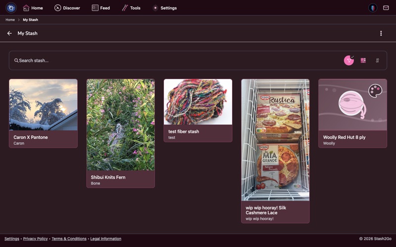 Stash2Go stash list showing yarn entries with names, colorways, weights, and photos