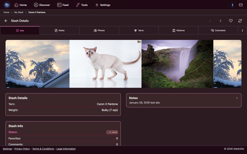 Stash2Go yarn detail screen showing fiber content, weight, yardage, colorway, and purchase info
