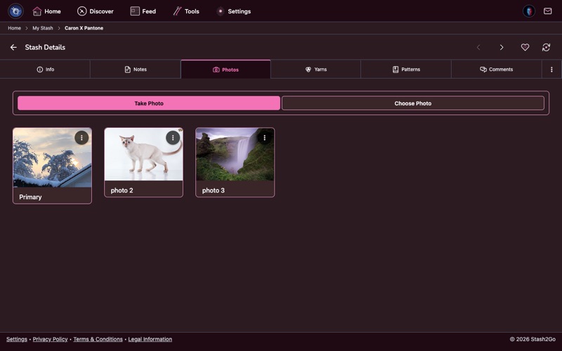 Stash2Go yarn photos tab showing uploaded photos of yarn skeins