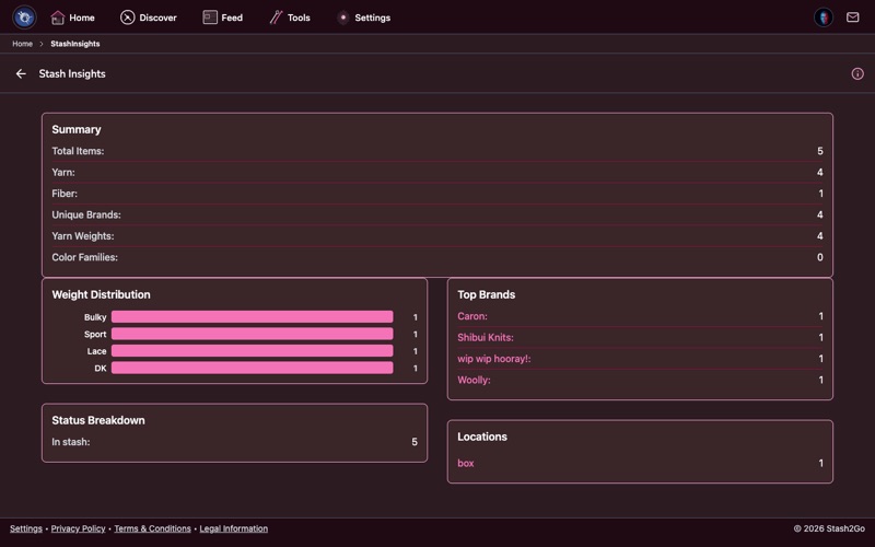 Stash2Go stash insights dashboard showing yarn weight distribution, color breakdown, top brands, and total yardage