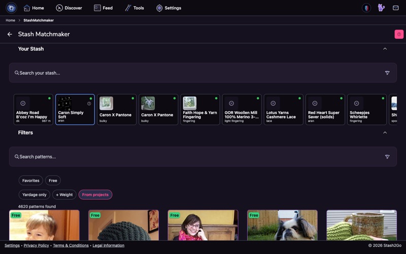Selecting a yarn from your stash to match against, with a selected card highlighted