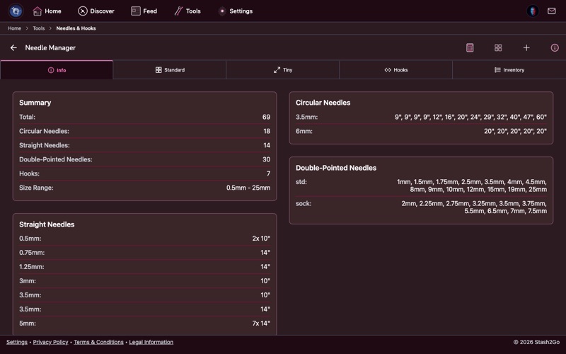 Needle Manager showing your needle and hook collection organized by size