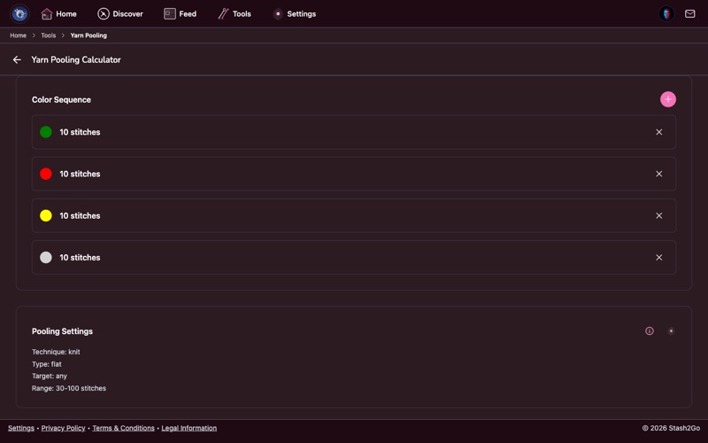 Yarn Pooling Calculator showing color pooling pattern preview