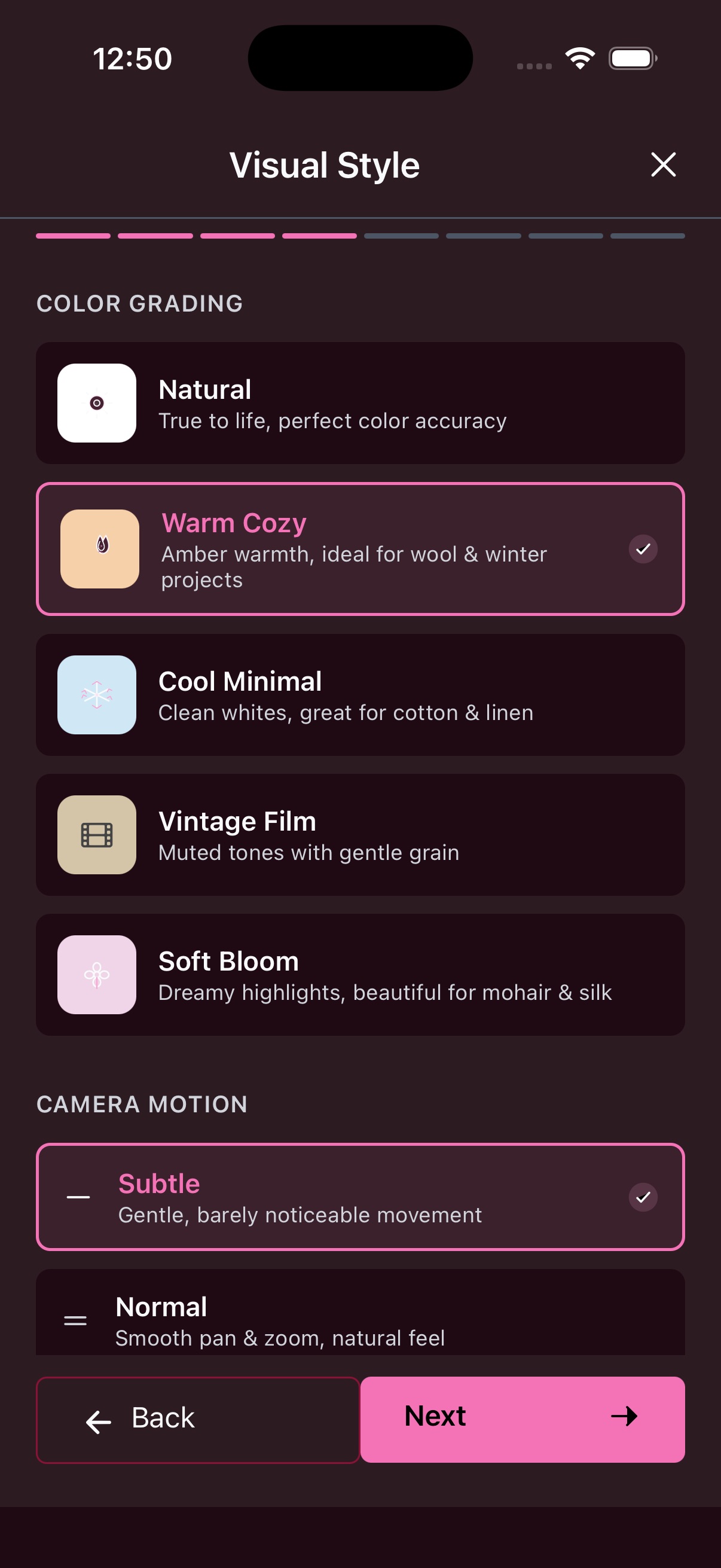 Visual Style screen with color grading options and camera motion settings