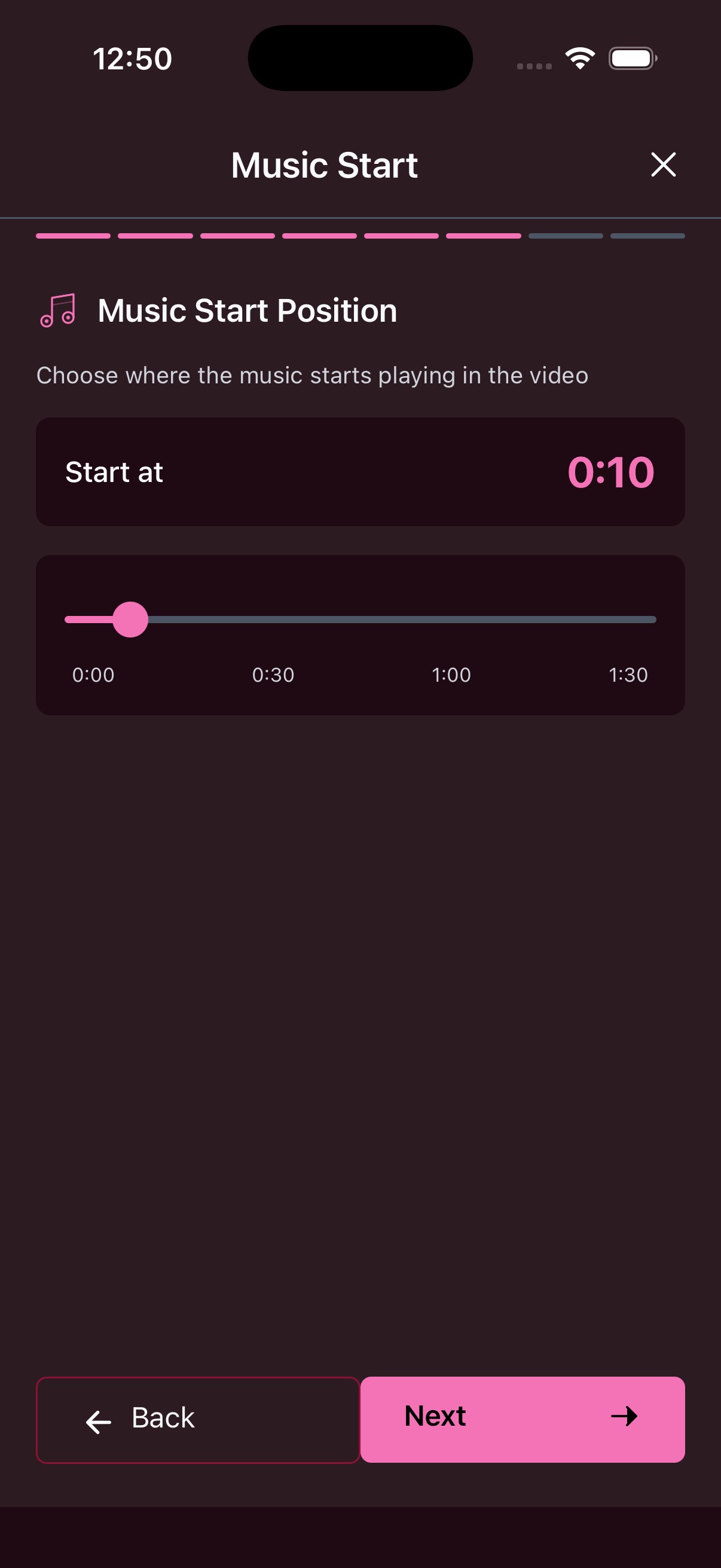Music Start Position slider to choose where the track begins
