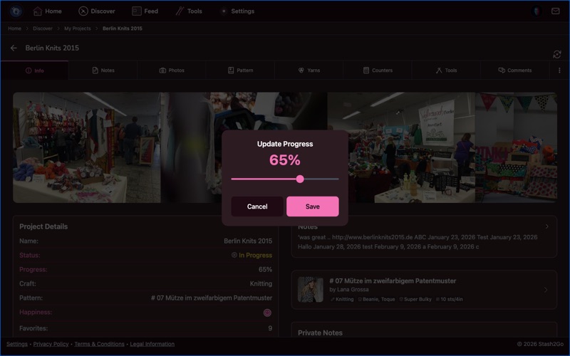 Progress update modal with slider to set completion percentage