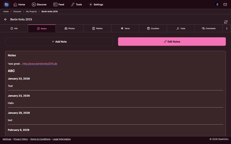 Project notes tab showing dated journal entries with modification notes