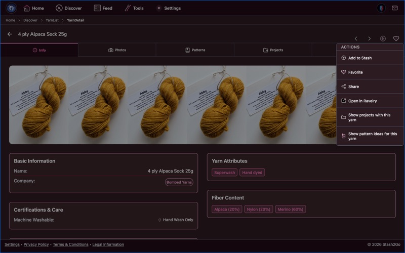 Yarn colorway gallery with community photos showing knitted and crocheted swatches