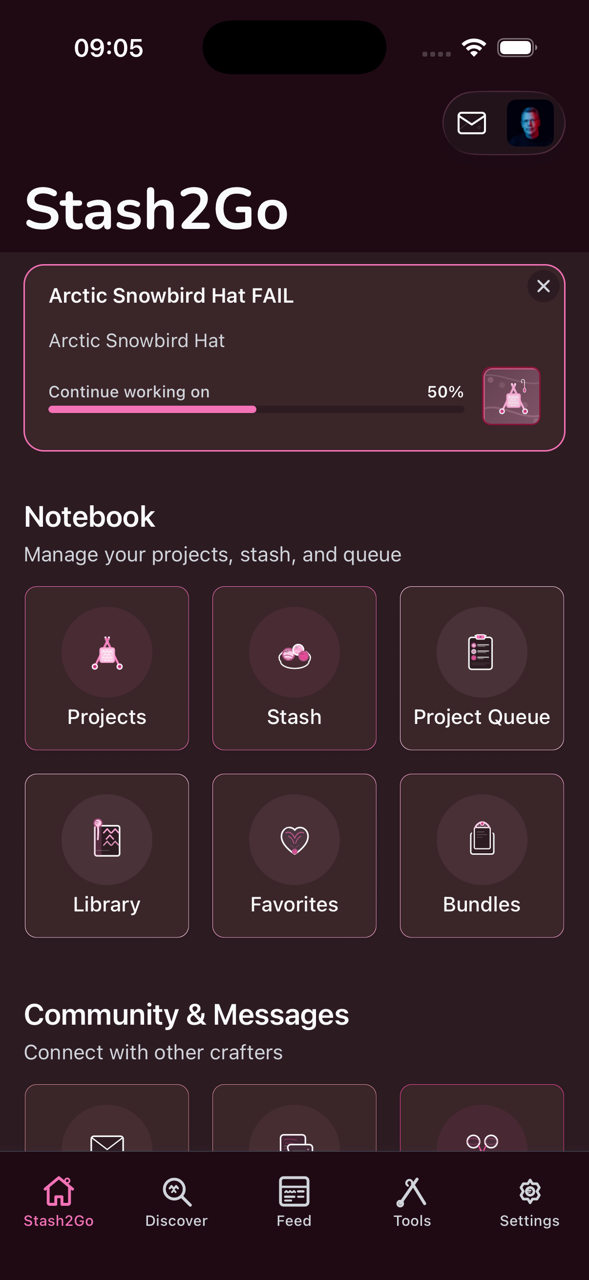 Full Mode — complete home screen with projects, stash, community, and all features